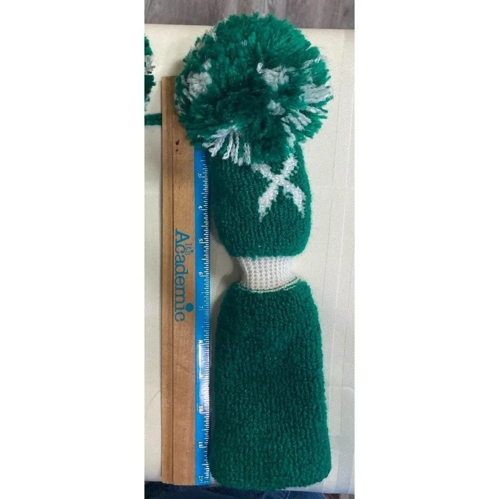 Retro Green & White Pom Pom Golf Club Head Covers Set of 4 1 3 X Driver - Picture 4 of 6